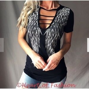 VOCAL Women's Black Ladder Cutout Stone Embellished Graphic Biker Top Shirt Tee